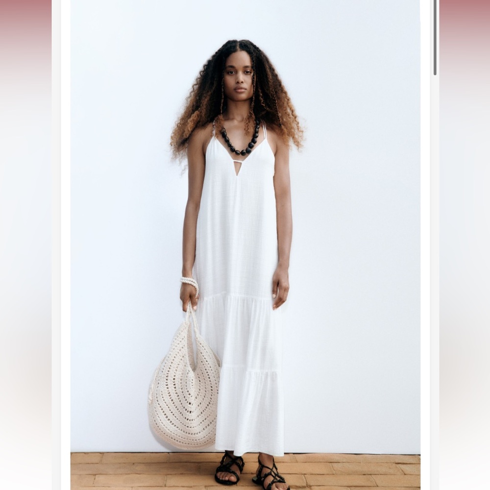 NWT Zara strappy white tiered midi dress size large spring summer bride